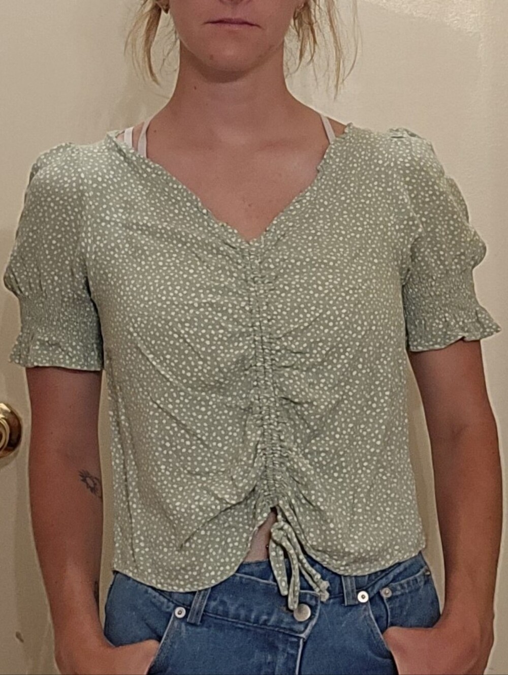URBAN Romantics Light Green Smocked Tie-Front V-Neck Blouse